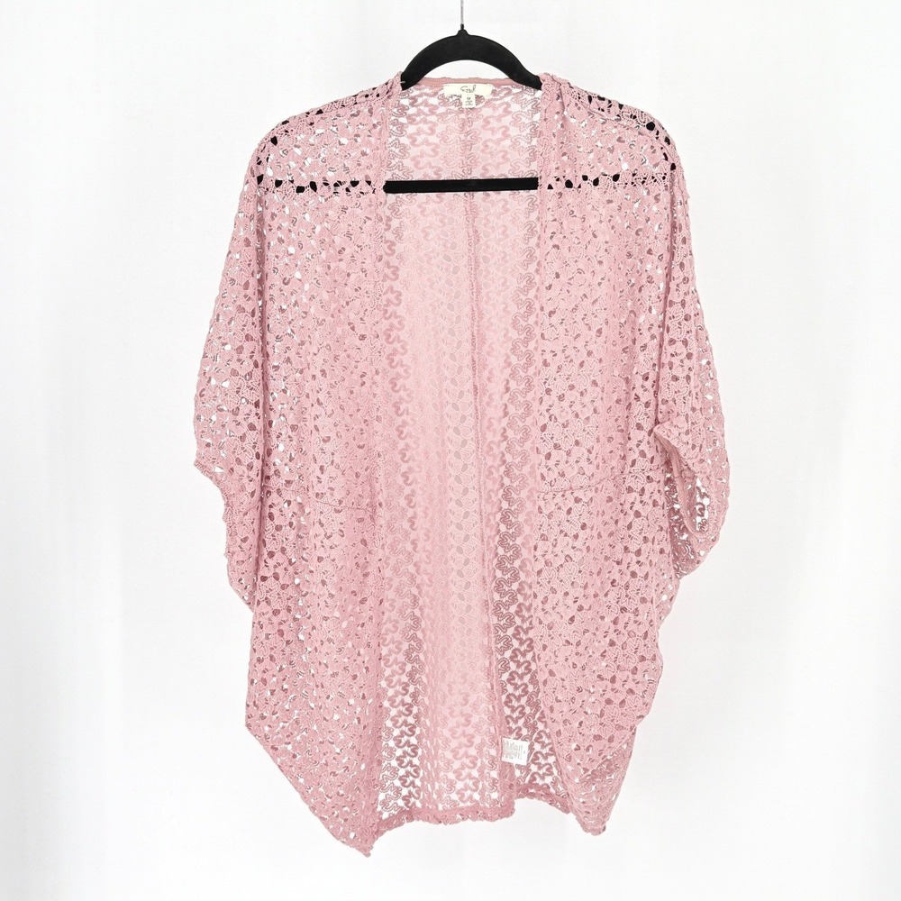 Festival Crochet Lace Pink Cardigan Y2K Floral Open Front Womens M Pastel